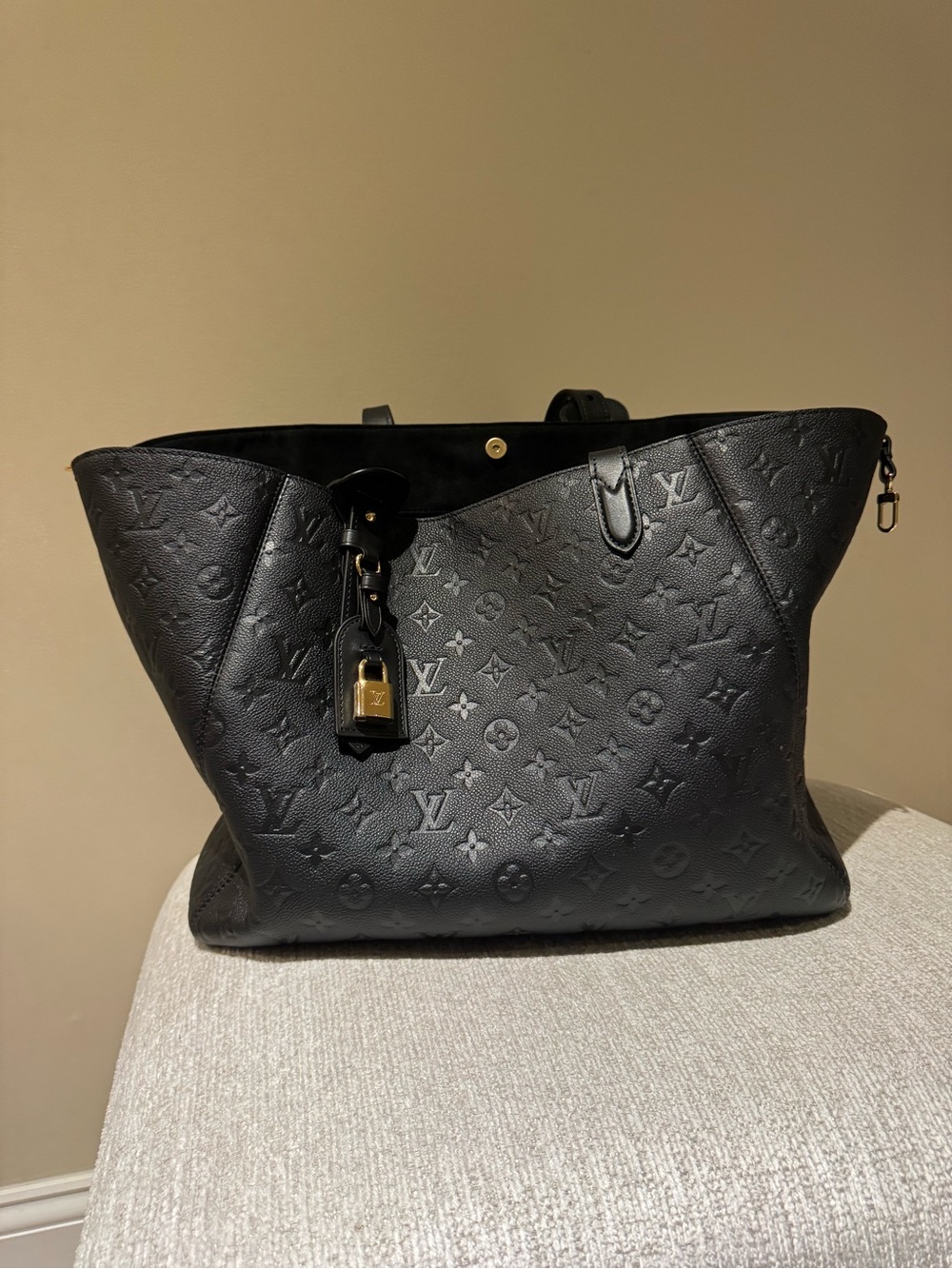 Louis Vuitton Black Monogram Embossed Tote with Gold Lock